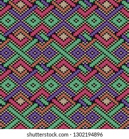 Knitted seamless ornate pattern with interlacing lines in violet, pink and green colors on the beige background, vector as a fabric texture