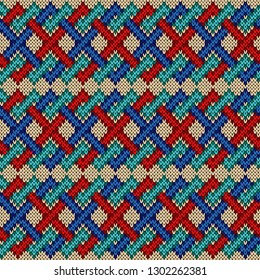 Knitted seamless ornate pattern with interlacing lines in red, blue and turquoise colors on the beige background, vector as a fabric texture