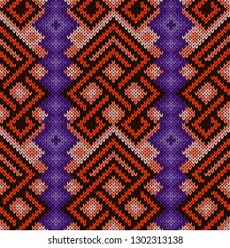 Knitted seamless ornate pattern with interlacing lines in orange and brown colors with violet geometric shapes, vector as a fabric texture