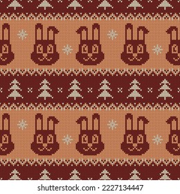 Knitted seamless pattern for 2023 New Year of the Rabbit. Vector ornament with cute bunnies, snowflakes, and Christmas trees. Brown and beige sweater print.