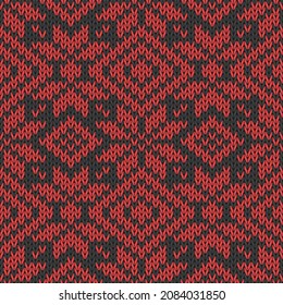 Knitted seamless pattern, abstract nordic repeating red flowers and diamonds on black. Winter, fashion and clothing concept. Flat design. Vector illustration. EPS 8, no gradients, no transparency