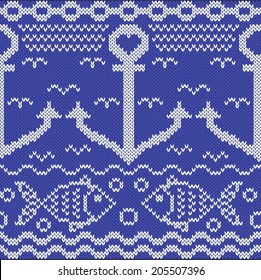 Knitted seamless pattern with anchors and fishes. Marine theme. Creative ornament. Vector illustration.