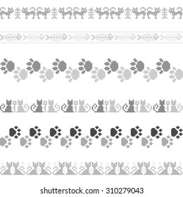 Knitted seamless pattern animals cats borders pixels vector set