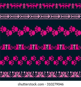 Knitted seamless pattern animals cats borders pixels vector set