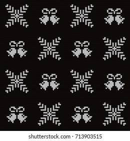 Knitted seamless pattern bells and fir-trees branches