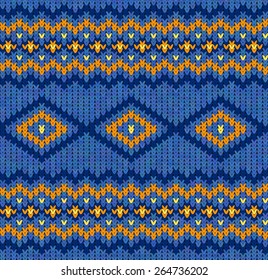 Knitted seamless pattern in blue and orange colors