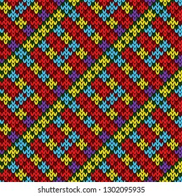 Knitted seamless pattern with bright red, blue yellow red colors, vector as a fabric texture