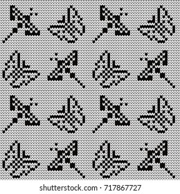 Knitted seamless pattern butterflies and dragonflies