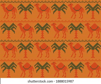 Knitted seamless pattern with camels and palm trees on an orange background.