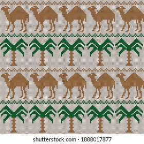 Knitted seamless pattern with camels and palm trees on a light gray background.