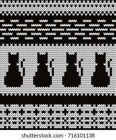 Knitted seamless pattern cats and fair isle elements