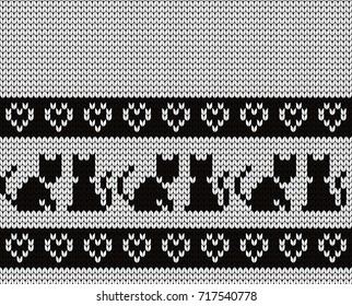 Knitted seamless pattern cats and hearts