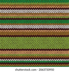 Knitted seamless pattern. Classic knitwear green white brown striped ornament. Fashion trendy stylish background