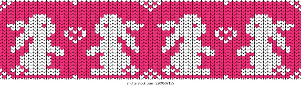 Knitted seamless pattern, cozy winter print in pink color with white rabbits and heart for Christmas and New Year. Vector illustration