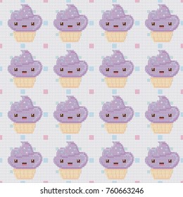 Knitted seamless pattern with cupcakes on white polka dot background. Vector illustration. Can be used for birthday card, the cafes menu, packaging, textiles, fabrics, wallpaper