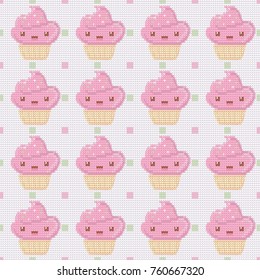 Knitted seamless pattern with cupcakes on white polka dot background. Vector illustration. Can be used for birthday card, the cafes menu, packaging, textiles, fabrics, wallpaper