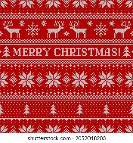 Knitted seamless pattern with deers, Christmas trees, snowflakes, Merry Christmas phrase, and scandinavian ornament. Sweater background. Vector illustration.