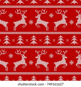 Knitted seamless pattern with deers and fir-trees. Vector background for Christmas or winter design. Red and white sweater ornament. 