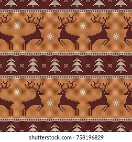 Knitted seamless pattern with deers and fir-trees. Vector background for Christmas or winter design. Brown, beige and white sweater ornament.