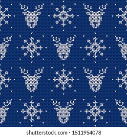 Knitted seamless pattern with deers and snowflakes. Vector background. Blue and white sweater ornament for Christmas or winter design.