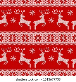 Knitted seamless pattern with deers, snowflakes and scandinavian ornament. Red and white sweater background for Christmas or other winter holidays design. Vector illustration.