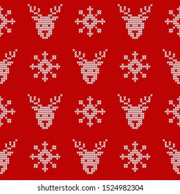 Knitted seamless pattern with deers and snowflakes. Vector background. Red and white sweater ornament for Christmas or winter design.