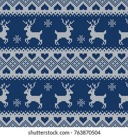 Knitted seamless pattern with deers. Traditional scandinavian background for Christmas, New Year or winter design. Blue and white sweater ornament. Vector illustration.