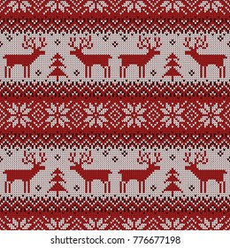 Knitted seamless pattern with deers and traditional scandinavian ornament. Red and white sweater background for Christmas or winter design. Vector illustration.