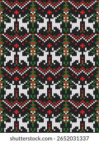 Knitted seamless pattern embroidery christmas winter.Traditional Christmas tree,reindeer,snow,star.Sweater crochet vector geometric background.Design for fabric,clothing,wrapping,print,gift,decoration