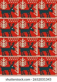 Knitted seamless pattern embroidery christmas winter.Traditional Christmas tree,reindeer,snow,star.Sweater crochet vector geometric background.Design for fabric,clothing,wrapping,print,gift,decoration