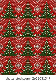 Knitted seamless pattern embroidery christmas winter.Traditional Christmas tree,reindeer,snow,star.Sweater crochet vector geometric background.Design for fabric,clothing,wrapping,print,gift,decoration