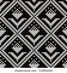 Knitted seamless pattern flowers in rhombuses