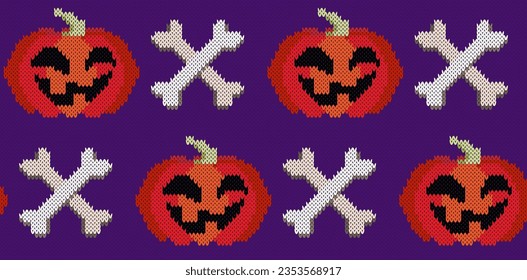 Patrón sin fisuras de punto. Tema de Halloween. Calabazas y huesos. Ilustración del vector