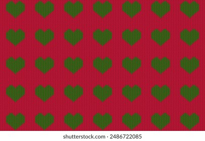 Knitted seamless pattern with heart in red and green.Christmas repeat pattern.Knitting vector graphic background.