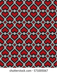 Knitted seamless pattern hearts on Valentine