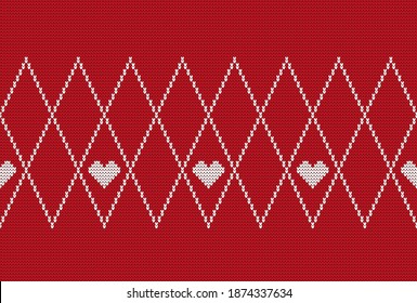 Knitted seamless pattern with hearts. Red classic knitwear ornament. Fashion trendy stylish background