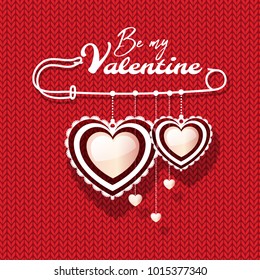 Knitted seamless pattern with hearts. Vector knitting texture with text. Valentine Day wool background for wallpaper, website, textile, greeting card, wedding invitation, wrapping, printing