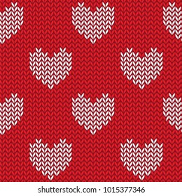 Knitted seamless pattern with hearts. Vector knitting texture. Cute and fancy Valentine Day wool background for wallpaper, website, textile, greeting cards, wedding invitation, wrapping, printing
