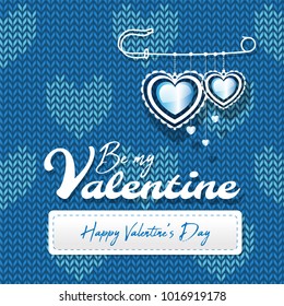 Knitted seamless pattern with hearts. Vector knitting texture with text. Valentine Day wool background for wallpaper, website, textile, greeting card, wedding invitation, wrapping, web and printing