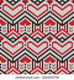 knitted seamless pattern with hearts, winter bright background