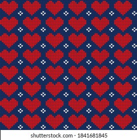 Patrón sin fisuras de punto con corazones. Tema invernal. Ornamento hecho a mano por pullover. Ilustración vectorial de Navidad y Año Nuevo.
