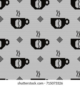 Knitted seamless pattern hot coffee cups
