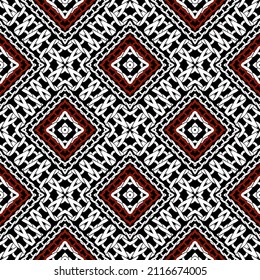 Knitted seamless pattern. Knit ornamental vector background. Repeat knitting style red black white backdrop. Textured modern ornaments with rhombus, pigtails, frames, zigzag. Endless ornate texture.