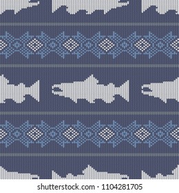 Knitted seamless pattern with Norwegian salmon