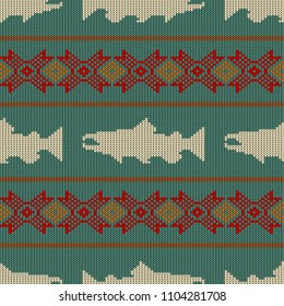Knitted seamless pattern with Norwegian salmon