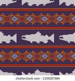 Knitted seamless pattern with Norwegian salmon