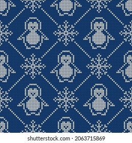 Knitted seamless pattern with penguins and snowflakes. Winter sweater background. Vector illustration.