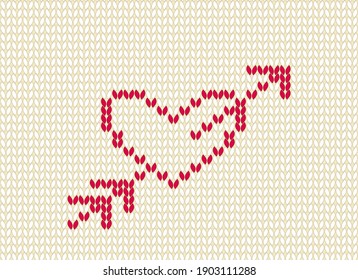 Knitted seamless pattern. Red heart and arrow. Valentine's Day background
