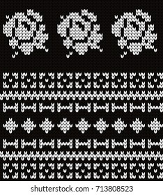 Knitted seamless pattern roses and fair isle elements