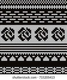 Knitted seamless pattern roses and fair isle elements